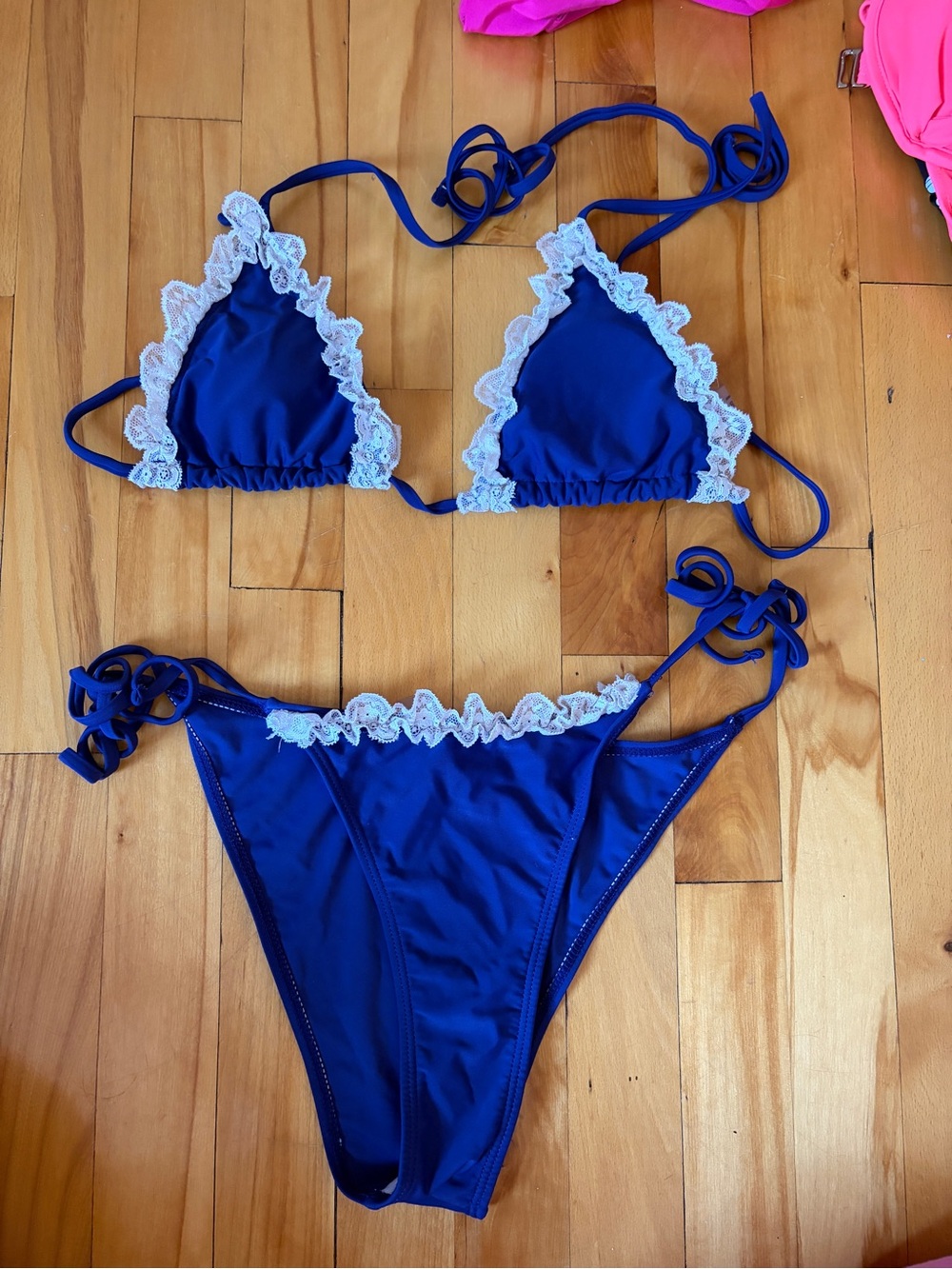 Blue Ruffle Trim Triangle Bikini Set